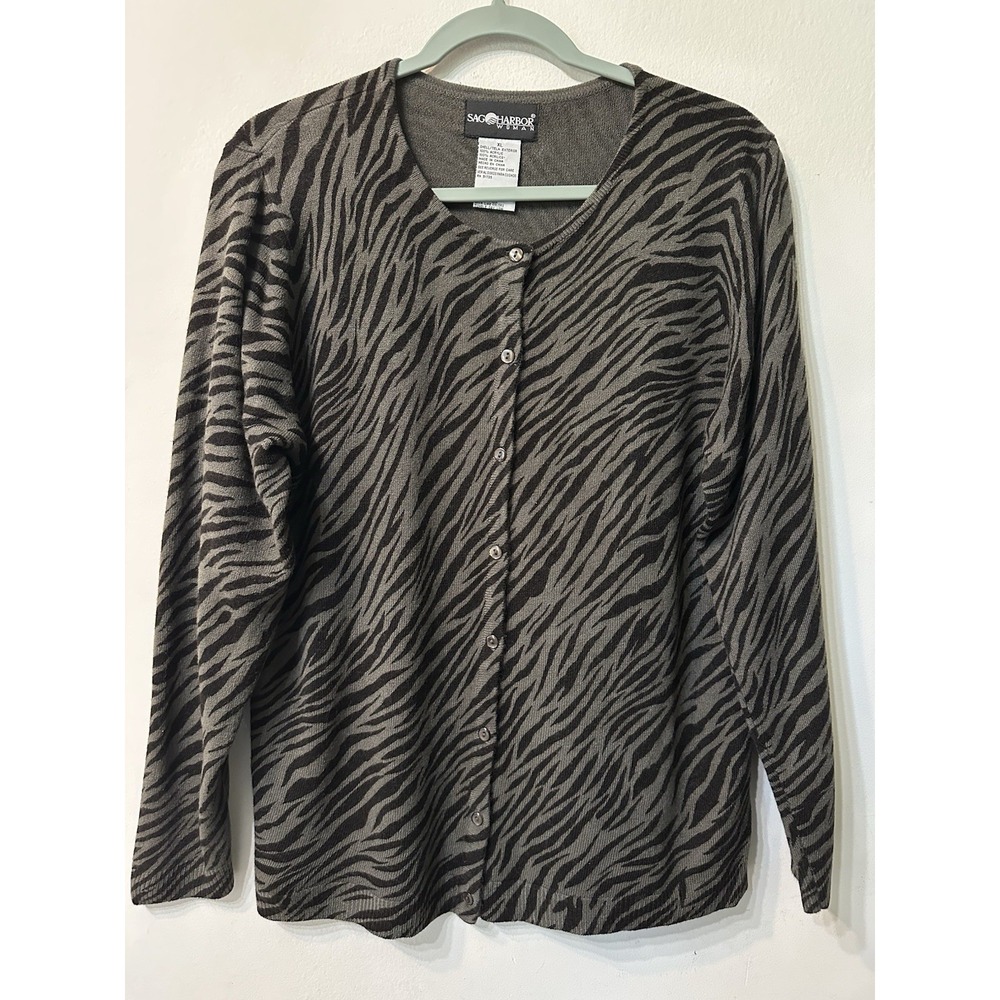 Vtg Sag Harbor Woman Zebra Animal Print Cardigan Sweater XL brown Black Knit⁠